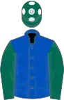 Royal blue, dark green sleeves, dark green cap, white spots