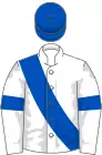 White, royal blue sash, armlets and cap