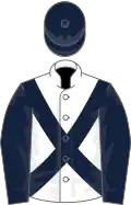 White, dark blue cross sashes and sleeves, dark blue cap