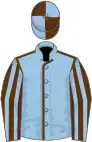 Light blue, brown seams, brown and light blue striped sleeves, quartered cap