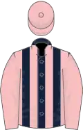 Dark blue and pink stripes, pink sleeves and cap