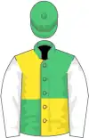 EMERALD GREEN and YELLOW (quartered), WHITE sleeves, EMERALD GREEN cap