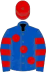 Royal blue, large red spots, hooped sleeves, red cap