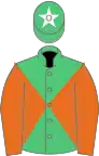 Emerald green and orange diabolo, orange sleeves, emerald green cap, white star