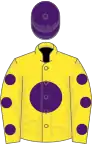 Yellow, purple disc, spots on sleeves, purple cap