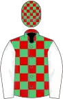 Red and emerald green check, white sleeves, red and emerald green check cap