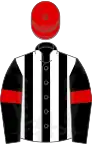 Black and white stripes, black sleeves, red armlets, red cap