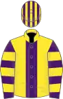 Yellow, purple stripe, purple and yellow hooped sleeves, striped cap