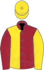 Maroon and yellow (halved), sleeves reversed, yellow cap