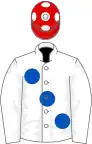 White, large royal blue spots, red cap, white spots