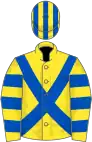 Yellow, royal blue cross belts, hooped sleeves, striped cap