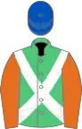 Emerald green, white cross belts, orange sleeves, royal blue cap