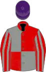 RED and GREY QUARTERED, striped sleeves, purple cap