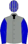 Grey, royal blue sash, sleeves and cap