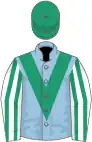 Light blue, emerald green chevron, white and emerald green striped sleeves, emerald green cap