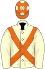 Cream, orange cross-belts, orange cap, cream spots