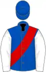 Royal blue, red sash, white sleeves