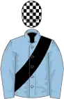 Light blue, black sash, black and white check cap