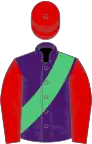 Purple, Emerald Green sash, Red sleeves and cap