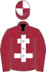 Maroon, white cross of lorraine, quartered cap