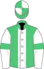 Emerald green, white stripe, white sleeves, emerald green armlets, emerald green and white quartered cap