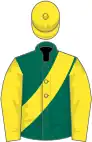 Dark green, yellow sash, sleeves and cap