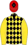 Yellow, black diamonds on body, red cap, black diamond