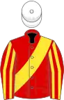 Red, yellow sash, striped sleeves, white cap