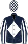 Dark blue, white diamond, white and dark blue striped sleeves, dark blue and white check cap