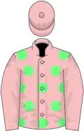 Pink, light green spots, pink sleeves and cap