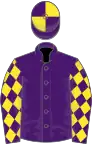 Purple, yellow diamonds on sleeves, quartered cap