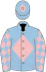 Light blue, pink diamond, diamonds on sleeves, light blue cap, pink diamond