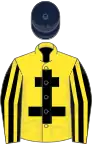 Yellow, black cross of lorraine, yellow sleeves, black striped, dark blue cap