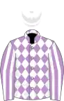 Mauve and white diamonds, striped sleeves, white cap