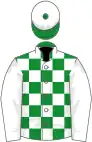 Green and white check, white sleeves, white cap, green peak and button