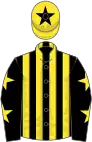 Black and yellow stripes, black sleeves, yellow stars, yellow cap, black star