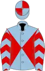 Light blue, red diabolo, chevrons on sleeves, quartered cap