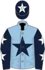 Light blue, dark blue star, dark blue sleeves, white stars, dark blue cap, white star