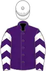 Purple, white chevrons on sleeves, white cap