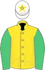 YELLOW, emerald green sleeves, white cap, yellow star