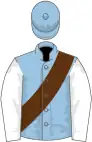 Light blue, brown sash, white sleeves