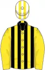 Yellow, black stripes on body, yellow and white striped cap