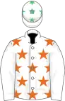 WHITE, orange stars, white sleeves, white cap, emerald green stars