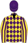 Yellow and purple diamonds, striped sleeves, purple cap