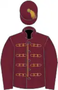 Claret, gold braid, claret sleeves, claret cap