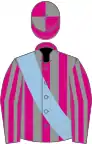 Cerise and grey stripes, quartered cap, light blue sash