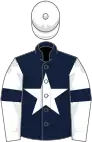 Dark blue, white star, white sleeves, dark blue armlets, white cap