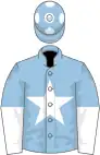 Light blue, white star, white and light blue halved sleeves, light blue cap, white spots