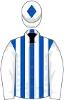 Royal blue and white stripes, white sleeves, white cap, royal blue diamond