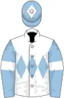 White, light blue triple diamond, light blue sleeves, white armlets, light blue cap, white diamond